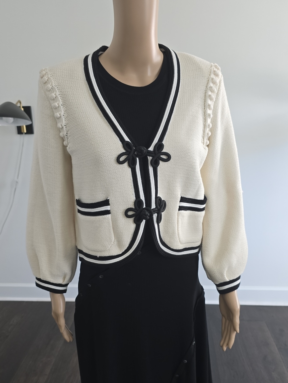 L'AGENCE Cream Cropped Cardigan with Black Trim